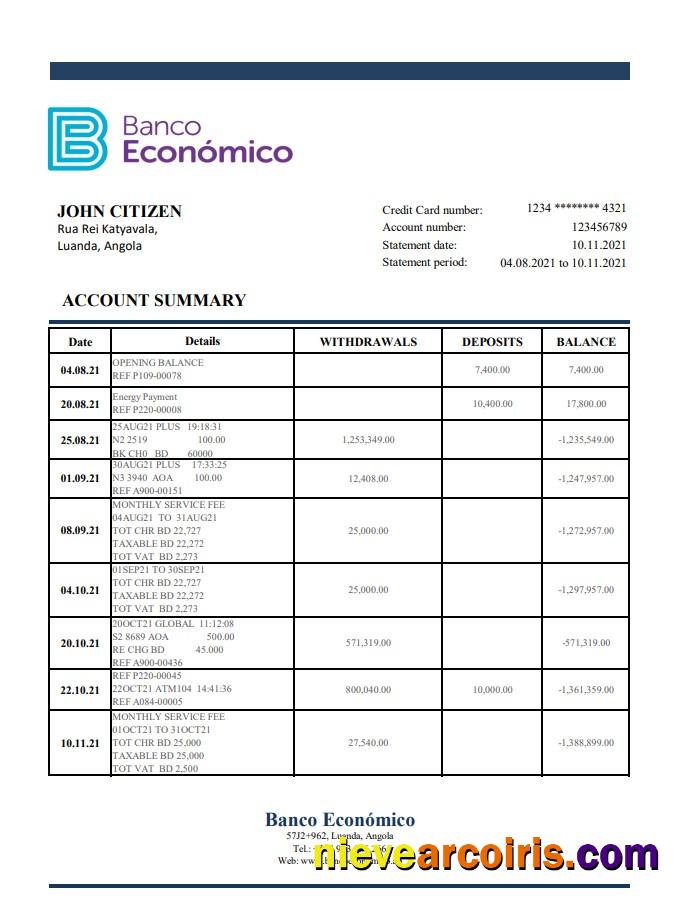 Angola Banco Ecenomico bank statement in Excel and PDF format